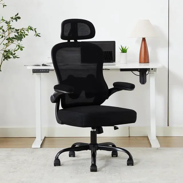 Alt view image 7 of 7 - Ergonomic Office Chair,Ultra Thick Office Desk Chair with Adjustable Lumbar Support and Headrest,Spring Cushion,Rocking Function,Flip-up arms,Mesh Computer Chair for Home Office,Black