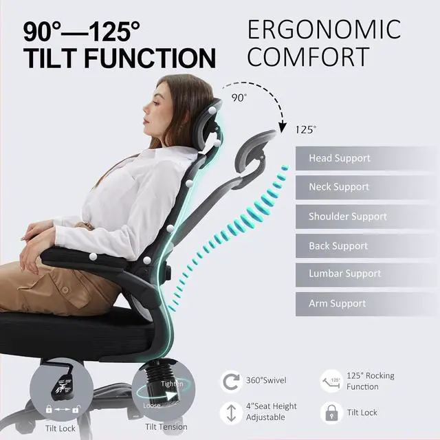 Alt view image 6 of 7 - Ergonomic Office Chair,Ultra Thick Office Desk Chair with Adjustable Lumbar Support and Headrest,Spring Cushion,Rocking Function,Flip-up arms,Mesh Computer Chair for Home Office,Black