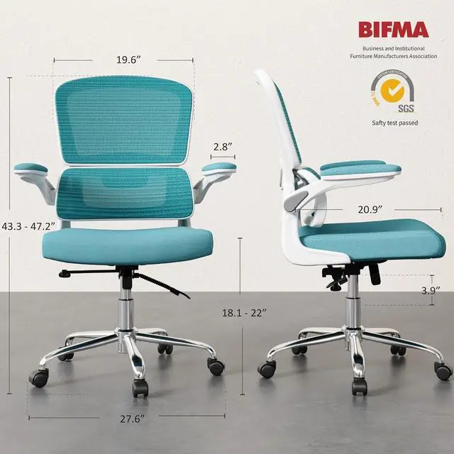 Alt view image 2 of 7 - Blue Office Chair, Ergonomic Desk Chair - Thick Cushion Adjustable Height Computer Chair with Lumbar Support and Flip-up Armrests, Home Office Desk Chairs, Swivel Executive Task Chair
