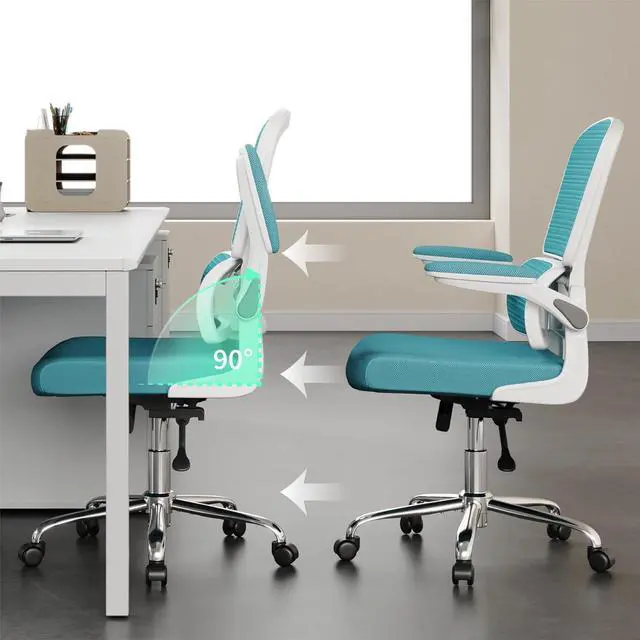 Alt view image 3 of 7 - Blue Office Chair, Ergonomic Desk Chair - Thick Cushion Adjustable Height Computer Chair with Lumbar Support and Flip-up Armrests, Home Office Desk Chairs, Swivel Executive Task Chair