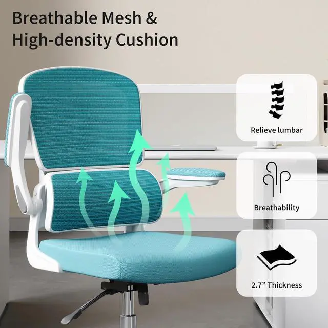Alt view image 7 of 7 - Blue Office Chair, Ergonomic Desk Chair - Thick Cushion Adjustable Height Computer Chair with Lumbar Support and Flip-up Armrests, Home Office Desk Chairs, Swivel Executive Task Chair
