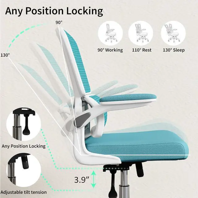 Alt view image 5 of 7 - Blue Office Chair, Ergonomic Desk Chair - Thick Cushion Adjustable Height Computer Chair with Lumbar Support and Flip-up Armrests, Home Office Desk Chairs, Swivel Executive Task Chair