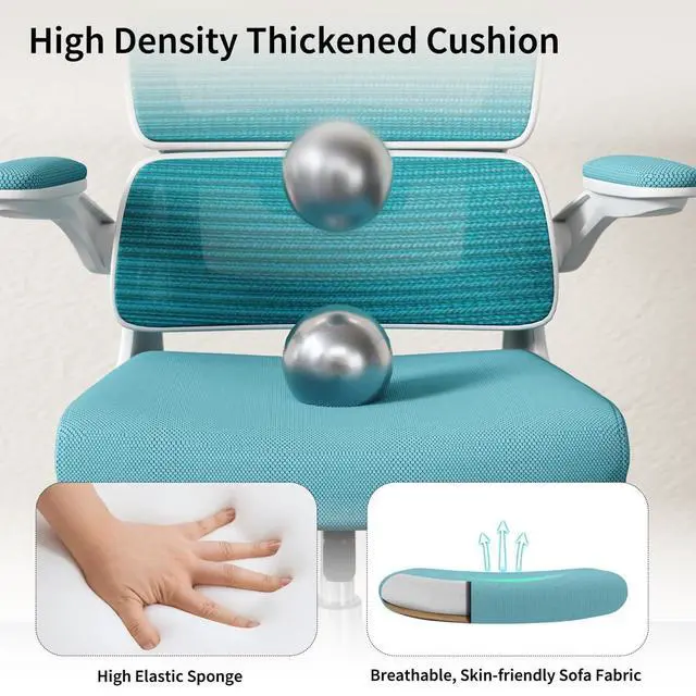 Alt view image 6 of 7 - Blue Office Chair, Ergonomic Desk Chair - Thick Cushion Adjustable Height Computer Chair with Lumbar Support and Flip-up Armrests, Home Office Desk Chairs, Swivel Executive Task Chair