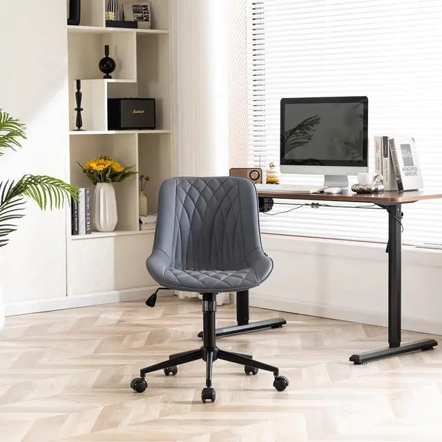 Alt view image 6 of 7 - YOUNIKE Ergonomic Home Office Desk Chair Comfy Small Criss Cross Chair with Wheels Swivel Adjustable Modern Vanity Chair with Back Armless Cute Leather Upholstered Rolling Task Chair Dusty Blue