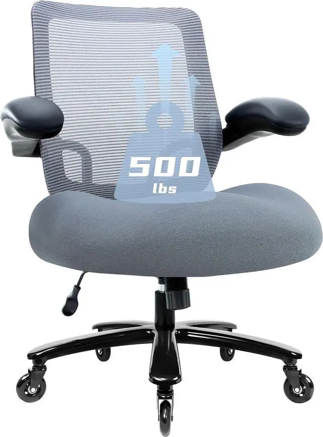 Main image of 500lbs Big and Tall Office Chair - Heavy Duty Mesh Ergonomic Desk Chair, High Back Computer Chair - Flip-up Armrests, Wide Thick Seat Cushion, Quiet Wheels