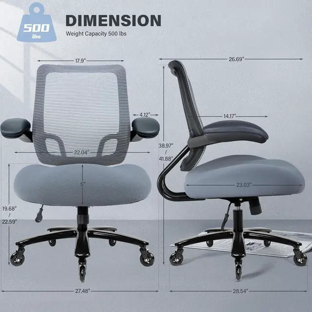 Alt view image 3 of 7 - 500lbs Big and Tall Office Chair - Heavy Duty Mesh Ergonomic Desk Chair, High Back Computer Chair - Flip-up Armrests, Wide Thick Seat Cushion, Quiet Wheels