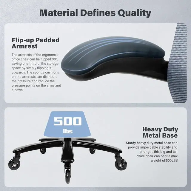 Alt view image 4 of 7 - 500lbs Big and Tall Office Chair - Heavy Duty Mesh Ergonomic Desk Chair, High Back Computer Chair - Flip-up Armrests, Wide Thick Seat Cushion, Quiet Wheels