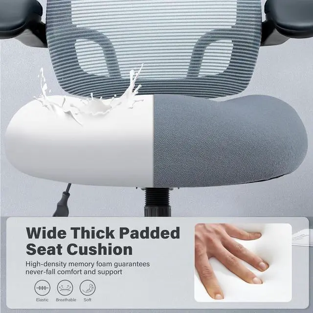 Alt view image 5 of 7 - 500lbs Big and Tall Office Chair - Heavy Duty Mesh Ergonomic Desk Chair, High Back Computer Chair - Flip-up Armrests, Wide Thick Seat Cushion, Quiet Wheels