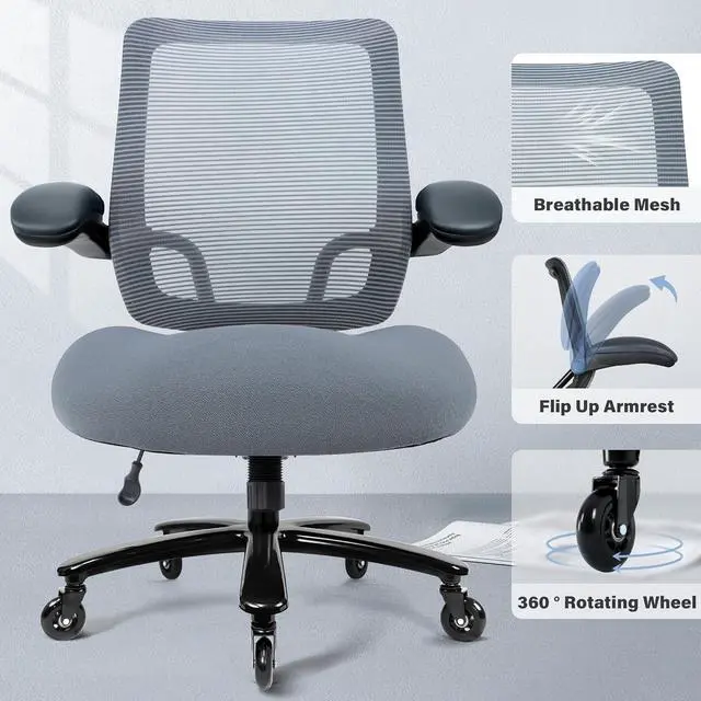 Alt view image 6 of 7 - 500lbs Big and Tall Office Chair - Heavy Duty Mesh Ergonomic Desk Chair, High Back Computer Chair - Flip-up Armrests, Wide Thick Seat Cushion, Quiet Wheels