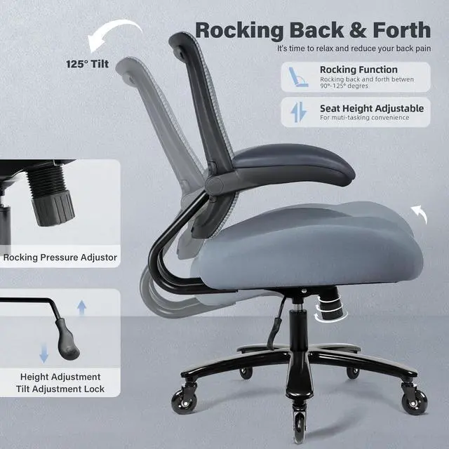 Alt view image 7 of 7 - 500lbs Big and Tall Office Chair - Heavy Duty Mesh Ergonomic Desk Chair, High Back Computer Chair - Flip-up Armrests, Wide Thick Seat Cushion, Quiet Wheels