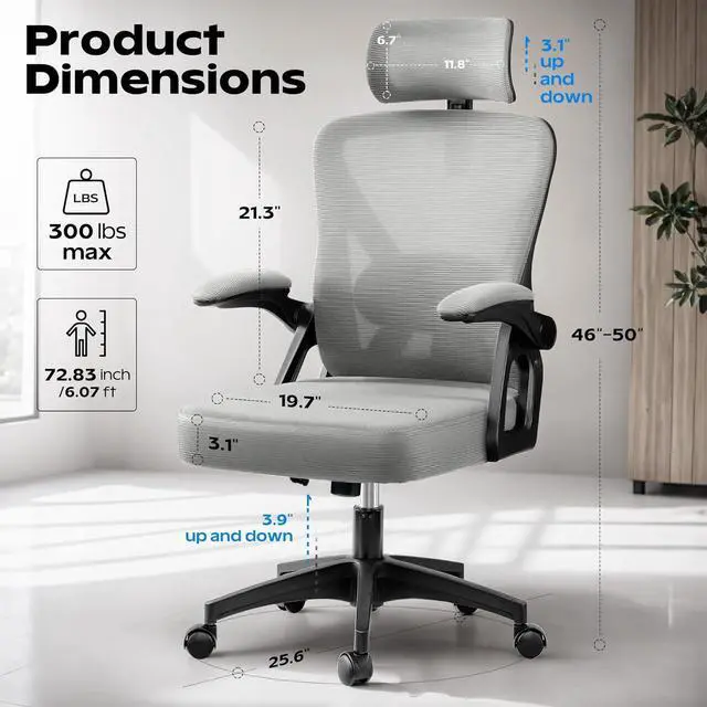 Alt view image 2 of 7 - Ergonomic Office Chair, Home Office Desk Chair with Headrest, High Back Mesh Chair with Flip-up Armrests, Comfy Desk Chair with Lumbar Support, Rolling Swivel Task Computer Chair for Home Office