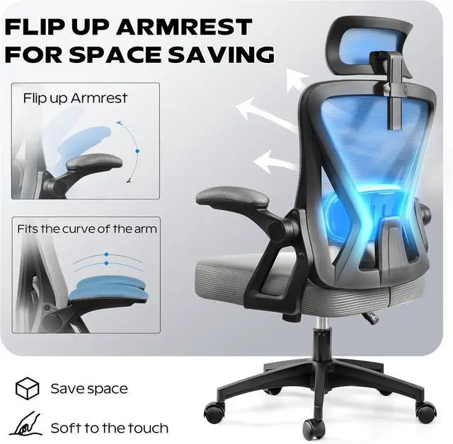 Alt view image 3 of 7 - Ergonomic Office Chair, Home Office Desk Chair with Headrest, High Back Mesh Chair with Flip-up Armrests, Comfy Desk Chair with Lumbar Support, Rolling Swivel Task Computer Chair for Home Office