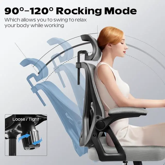 Alt view image 4 of 7 - Ergonomic Office Chair, Home Office Desk Chair with Headrest, High Back Mesh Chair with Flip-up Armrests, Comfy Desk Chair with Lumbar Support, Rolling Swivel Task Computer Chair for Home Office