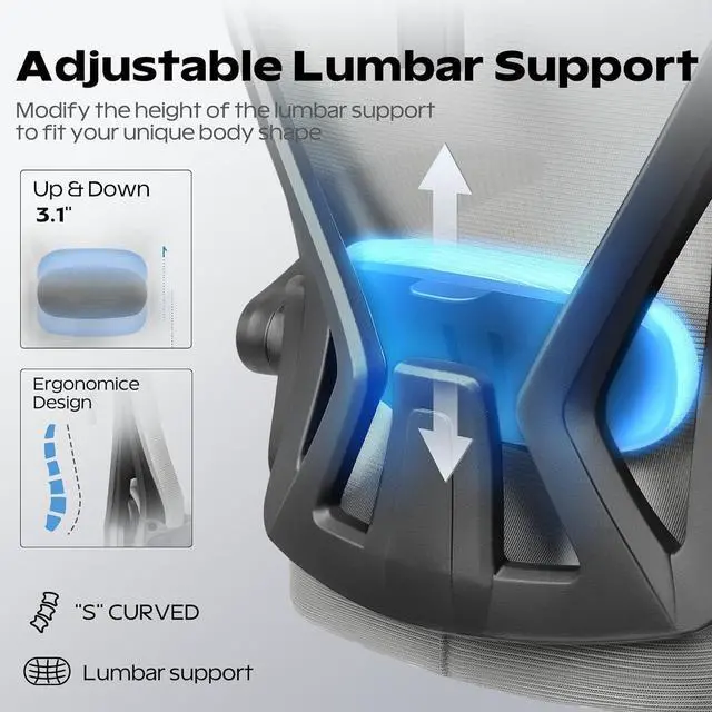 Alt view image 6 of 7 - Ergonomic Office Chair, Home Office Desk Chair with Headrest, High Back Mesh Chair with Flip-up Armrests, Comfy Desk Chair with Lumbar Support, Rolling Swivel Task Computer Chair for Home Office