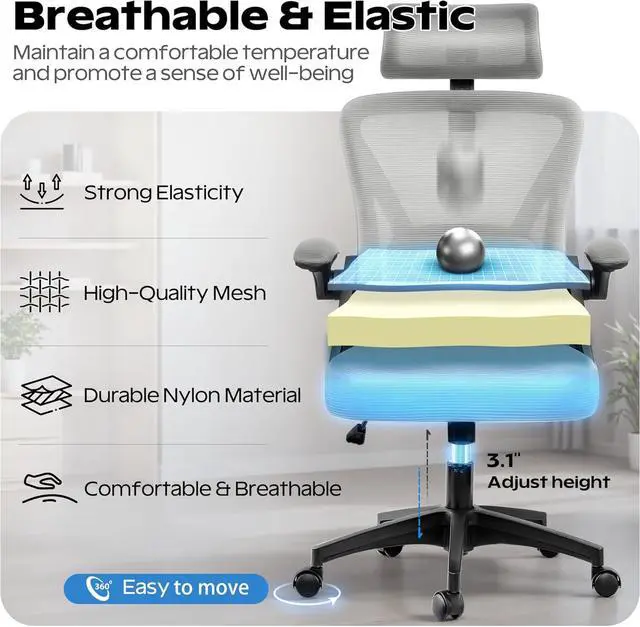Alt view image 7 of 7 - Ergonomic Office Chair, Home Office Desk Chair with Headrest, High Back Mesh Chair with Flip-up Armrests, Comfy Desk Chair with Lumbar Support, Rolling Swivel Task Computer Chair for Home Office