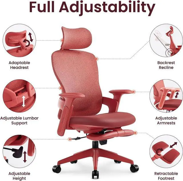 Alt view image 4 of 7 - Fashionable Office Chair, Aura Ergonomic High Back Home Desk Chair with Headrest and Footrest, Ergonomic High-Back Mesh Rolling Work Swivel Chairs with Wheels Adjustable Lumbar Support (Red)