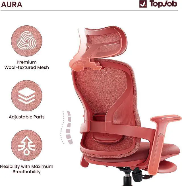 Alt view image 5 of 7 - Fashionable Office Chair, Aura Ergonomic High Back Home Desk Chair with Headrest and Footrest, Ergonomic High-Back Mesh Rolling Work Swivel Chairs with Wheels Adjustable Lumbar Support (Red)