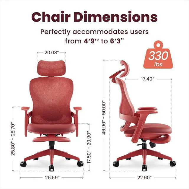 Alt view image 3 of 7 - Fashionable Office Chair, Aura Ergonomic High Back Home Desk Chair with Headrest and Footrest, Ergonomic High-Back Mesh Rolling Work Swivel Chairs with Wheels Adjustable Lumbar Support (Red)