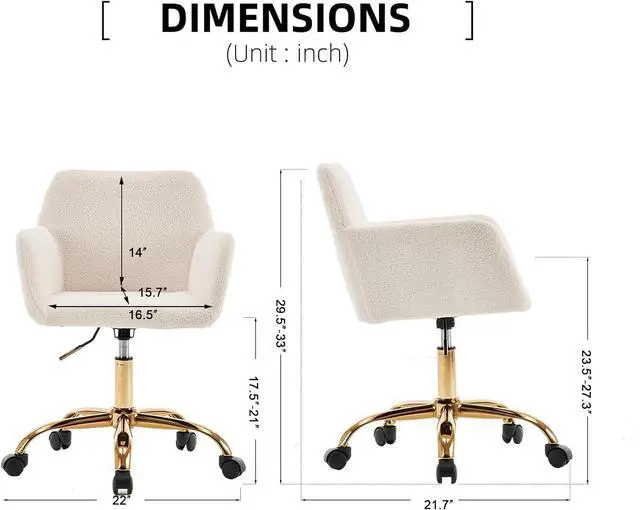 Alt view image 2 of 7 - Modern Faux Fur Home Office Chair, Upholstered Elegant Chair Makeup Vanity Chair for Teen Girls Swivel Desk Chair with Gold Base, Height Adjustable Leisure Elegant Office Chair, Ivory