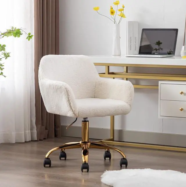 Main image of Modern Faux Fur Home Office Chair, Upholstered Elegant Chair Makeup Vanity Chair for Teen Girls Swivel Desk Chair with Gold Base, Height Adjustable Leisure Elegant Office Chair, Ivory