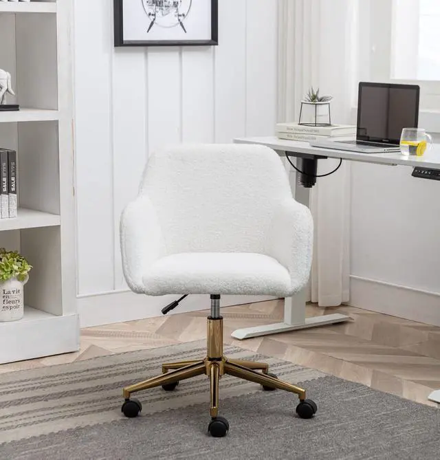 Alt view image 3 of 7 - Modern Faux Fur Home Office Chair, Upholstered Elegant Chair Makeup Vanity Chair for Teen Girls Swivel Desk Chair with Gold Base, Height Adjustable Leisure Elegant Office Chair, Ivory