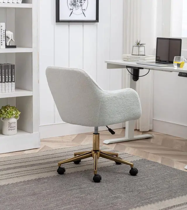 Alt view image 4 of 7 - Modern Faux Fur Home Office Chair, Upholstered Elegant Chair Makeup Vanity Chair for Teen Girls Swivel Desk Chair with Gold Base, Height Adjustable Leisure Elegant Office Chair, Ivory