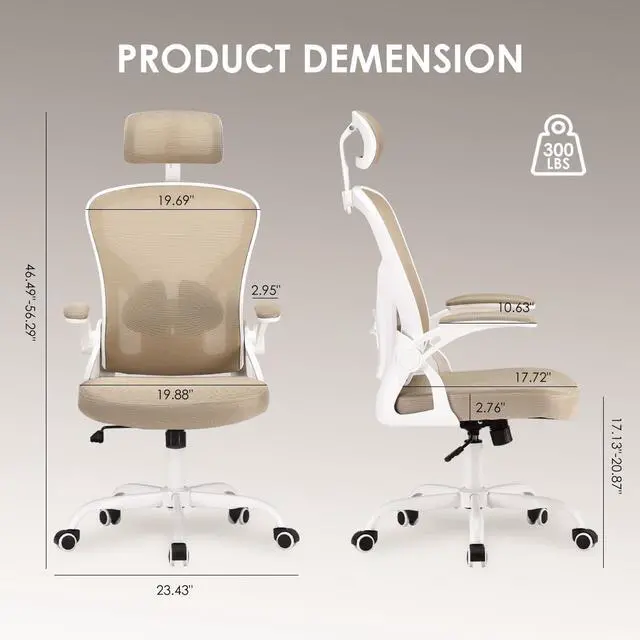 Alt view image 2 of 7 - Farini Ergonomic Office Chair, Home Office Desk Chair with Headrest, High Back Computer Chair with Armrests and Adjustable Lumbar Support for Home Office Study Room, White & Khaki