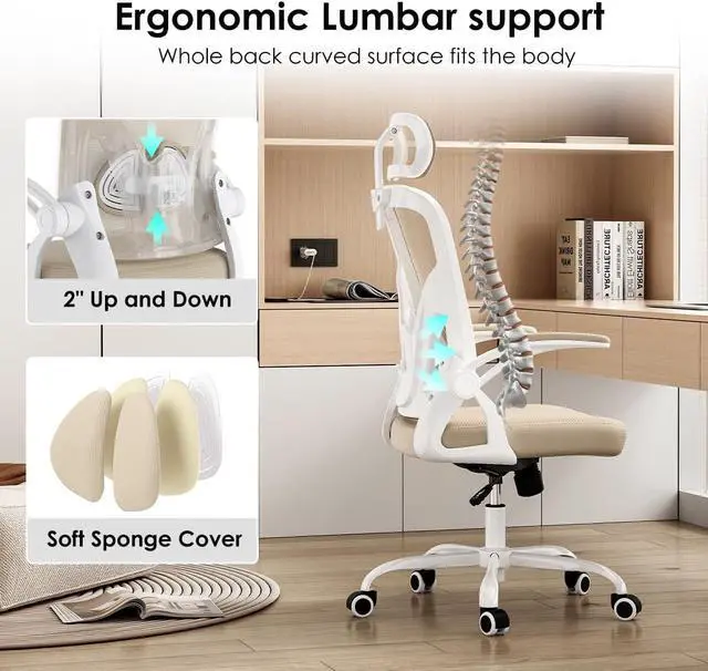 Alt view image 3 of 7 - Farini Ergonomic Office Chair, Home Office Desk Chair with Headrest, High Back Computer Chair with Armrests and Adjustable Lumbar Support for Home Office Study Room, White & Khaki