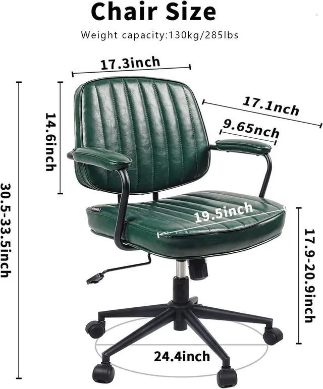 Alt view image 2 of 7 - Artswish Mid Century Office Desk Chair - Green Leather Home Office Chair with Wheels and Arms