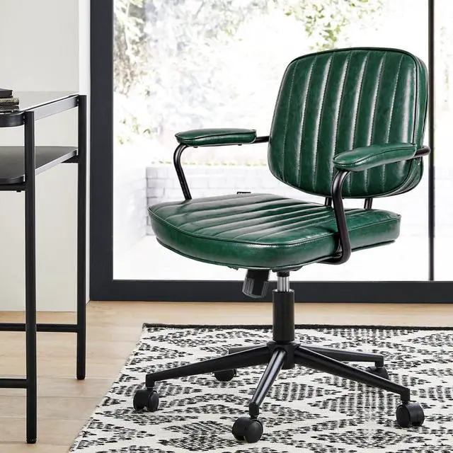 Alt view image 3 of 7 - Artswish Mid Century Office Desk Chair - Green Leather Home Office Chair with Wheels and Arms