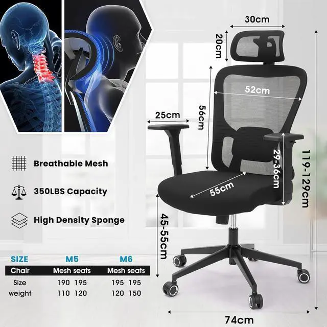 Alt view image 2 of 6 - Ergonomic Office Mesh Chair, High Back Swivel Comfty Desk Chairs- 3D Armrest Adjustable Lumbar Support Capacity 400lbs and Headrest Wide for Home & Office, Bedroom (Black)