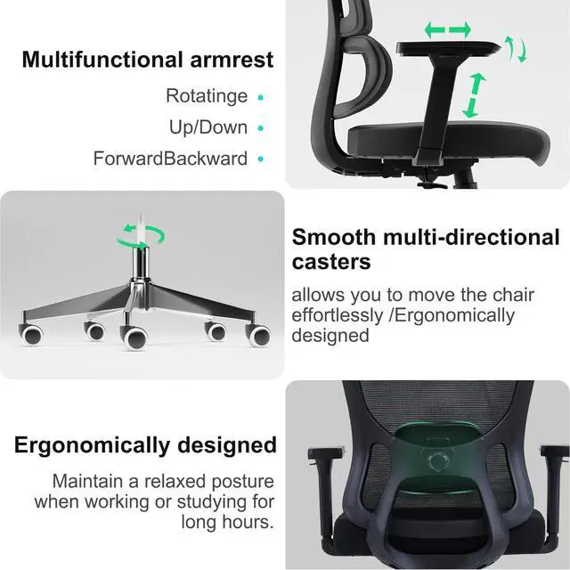 Alt view image 6 of 6 - Ergonomic Office Mesh Chair, High Back Swivel Comfty Desk Chairs- 3D Armrest Adjustable Lumbar Support Capacity 400lbs and Headrest Wide for Home & Office, Bedroom (Black)