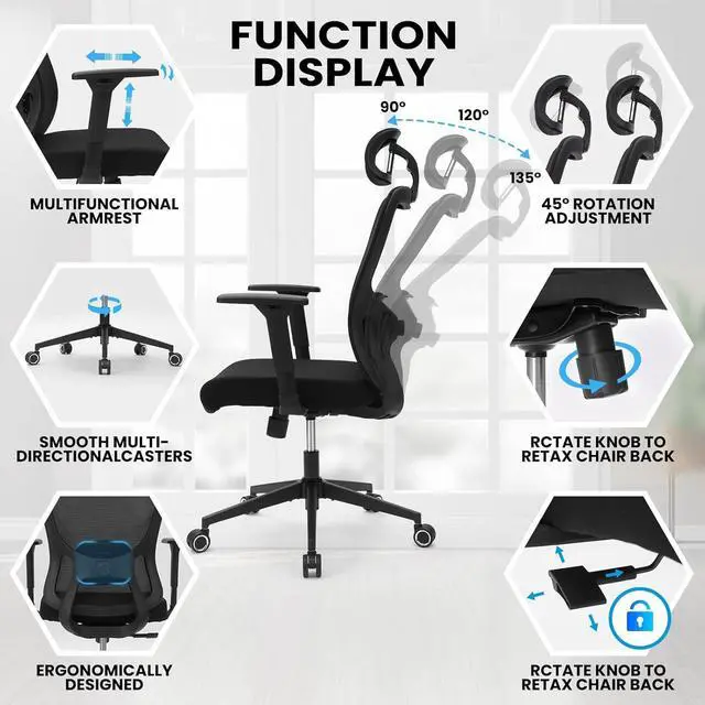 Alt view image 5 of 6 - Ergonomic Office Mesh Chair, High Back Swivel Comfty Desk Chairs- 3D Armrest Adjustable Lumbar Support Capacity 400lbs and Headrest Wide for Home & Office, Bedroom (Black)