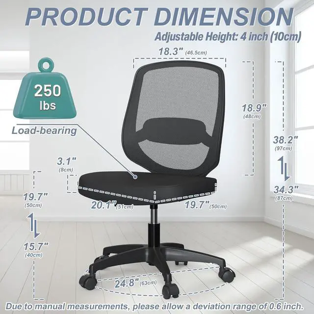 Alt view image 2 of 6 - Armless Mesh Ergonomic Desk Office Chair Without Arms for Computer Home Height Adjustable Lumbar Support for Small Spaces