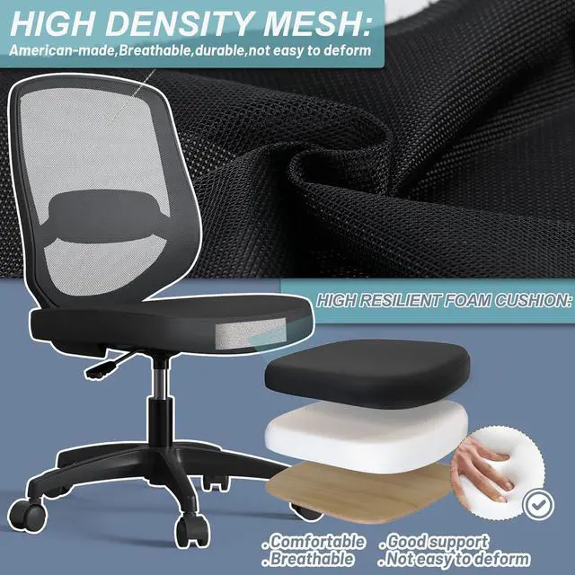 Alt view image 4 of 6 - Armless Mesh Ergonomic Desk Office Chair Without Arms for Computer Home Height Adjustable Lumbar Support for Small Spaces
