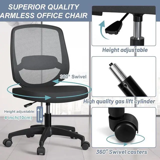 Alt view image 5 of 6 - Armless Mesh Ergonomic Desk Office Chair Without Arms for Computer Home Height Adjustable Lumbar Support for Small Spaces