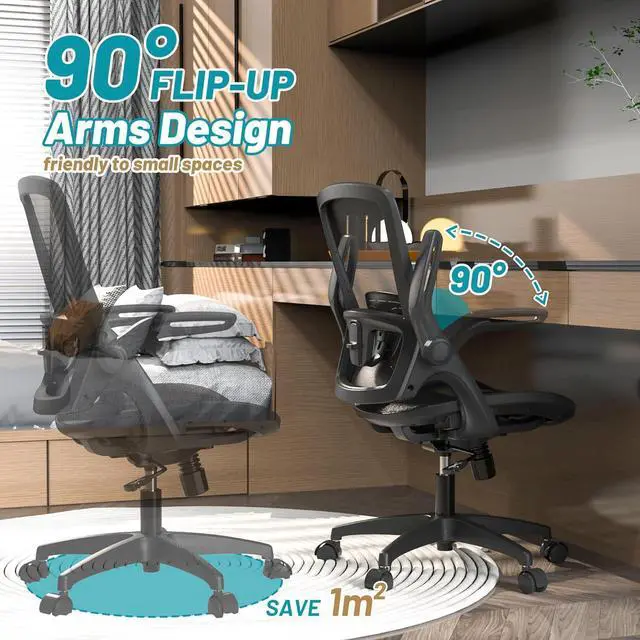 Alt view image 6 of 6 - Full Mesh Ergonomic Home Office Computer Desk Chair with Flip Up Arms Height Adjustable Swivel Wheels for Adult