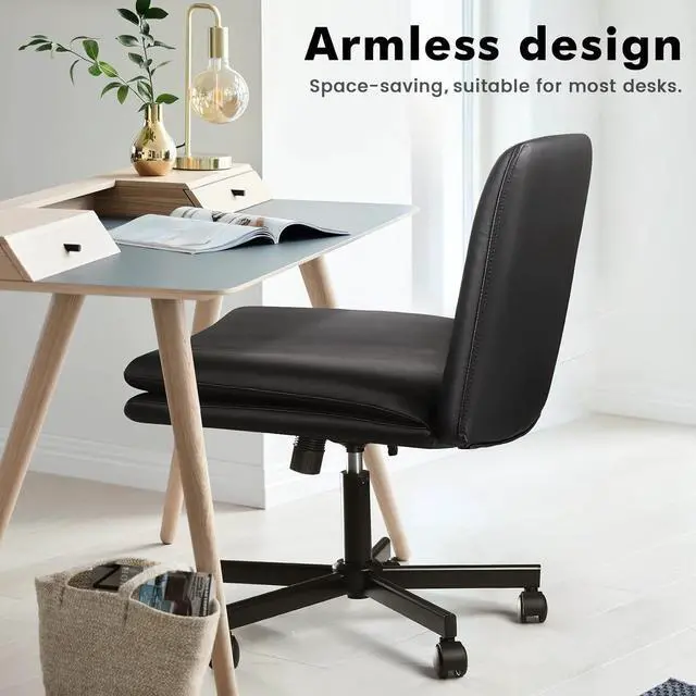 Alt view image 5 of 7 - LEMBERI Armless Office Desk Chair with Wheels,Faux Leather Cross Legged Wide Chairs, Mid Back Swivel Computer Task Chairs for Home Office,Make Up,Small Space,Bed Room, Black