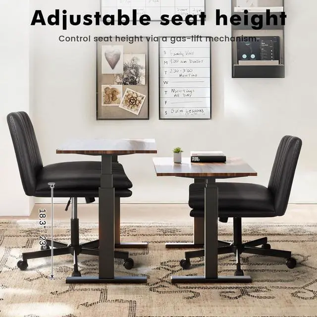 Alt view image 7 of 7 - LEMBERI Armless Office Desk Chair with Wheels,Faux Leather Cross Legged Wide Chairs, Mid Back Swivel Computer Task Chairs for Home Office,Make Up,Small Space,Bed Room, Black