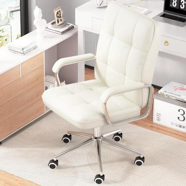 Main image of White Office Chair with Soft Leather, Swivel Computer Home Office Desk Chair with Wheels and Padded Arms, Adjustable Height and Tilt