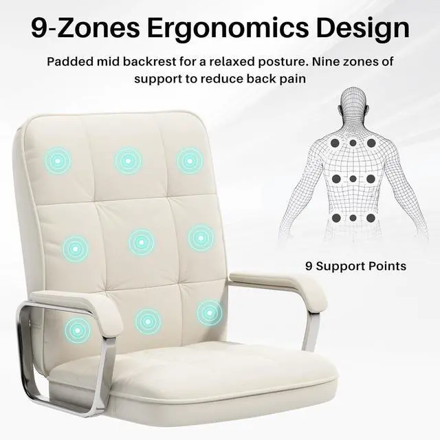 Alt view image 4 of 7 - White Office Chair with Soft Leather, Swivel Computer Home Office Desk Chair with Wheels and Padded Arms, Adjustable Height and Tilt