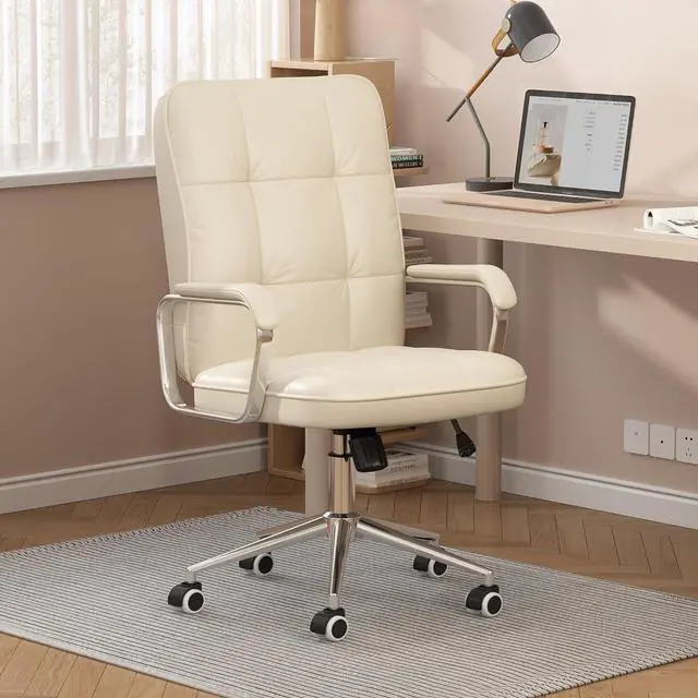 Alt view image 7 of 7 - White Office Chair with Soft Leather, Swivel Computer Home Office Desk Chair with Wheels and Padded Arms, Adjustable Height and Tilt