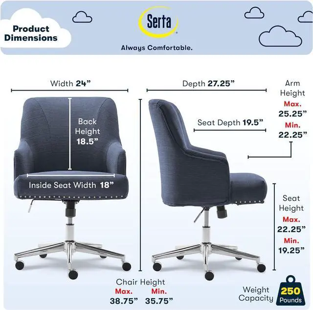 Alt view image 2 of 7 - Serta Leighton Home Office Memory Foam, Height-Adjustable Desk Accent Chair with Chrome-Finished Stainless-Steel Base, Blue