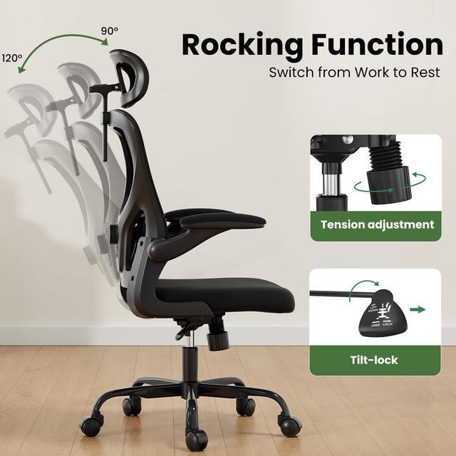Alt view image 6 of 7 - Soohow Ergonomic Office Chair,Home Office Desk Chair with Adjustable Lumbar Support and Flip-up Armrests,Comfy Computer Desk Chair with Headrest,for Home and Office (Black)
