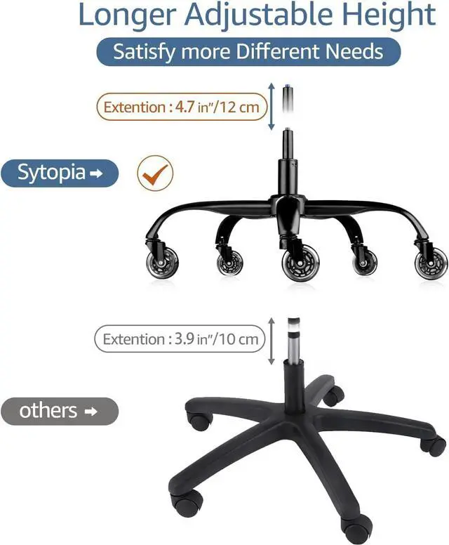 Alt view image 3 of 6 - Sytopia Office Chair Base Replacement Bundles, Heavy Duty 352LBs, Reinforced to Repair Swivel Gaming Chair Bottom Part with 5 Universal Premium Casters and 1 Gas Lift Cylinder(Matte Black)