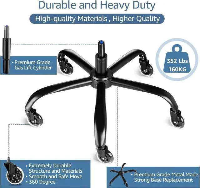 Alt view image 5 of 6 - Sytopia Office Chair Base Replacement Bundles, Heavy Duty 352LBs, Reinforced to Repair Swivel Gaming Chair Bottom Part with 5 Universal Premium Casters and 1 Gas Lift Cylinder(Matte Black)