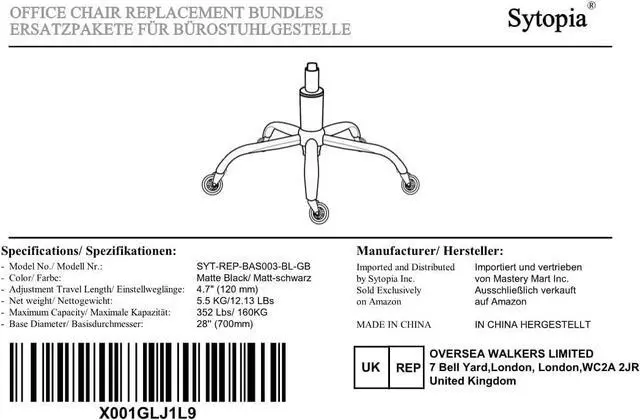 Alt view image 6 of 6 - Sytopia Office Chair Base Replacement Bundles, Heavy Duty 352LBs, Reinforced to Repair Swivel Gaming Chair Bottom Part with 5 Universal Premium Casters and 1 Gas Lift Cylinder(Matte Black)