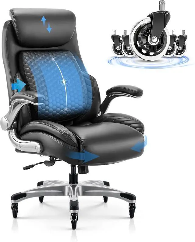Main image of COLAMY Office Ergonomic Desk High Back Executive Chair with Pop-Out Lumbar Support, Upgraded Casters, Adjustable Headrest, Flip-Up Arms, Leather Home with Thick Cushion for Comfort - Black