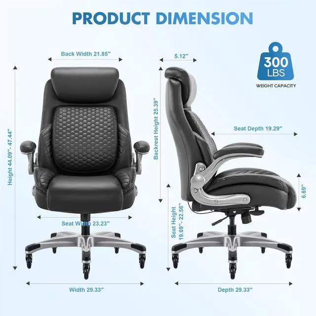Alt view image 3 of 7 - COLAMY Office Ergonomic Desk High Back Executive Chair with Pop-Out Lumbar Support, Upgraded Casters, Adjustable Headrest, Flip-Up Arms, Leather Home with Thick Cushion for Comfort - Black