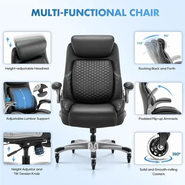 Alt view image 4 of 7 - COLAMY Office Ergonomic Desk High Back Executive Chair with Pop-Out Lumbar Support, Upgraded Casters, Adjustable Headrest, Flip-Up Arms, Leather Home with Thick Cushion for Comfort - Black